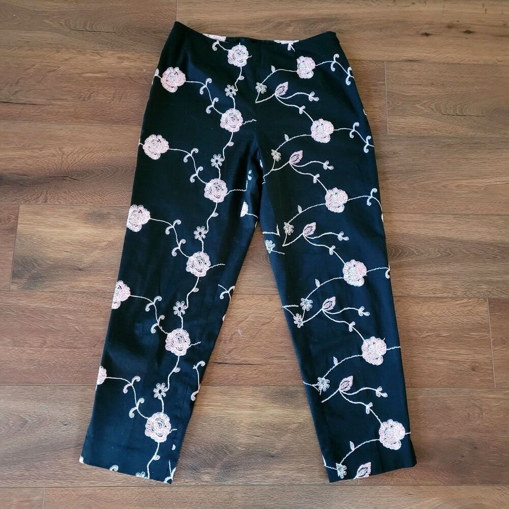 Elliott Lauren Pants Womens Sz 6 Zip Black Pink Floral Embroidery Ankle Crop USA